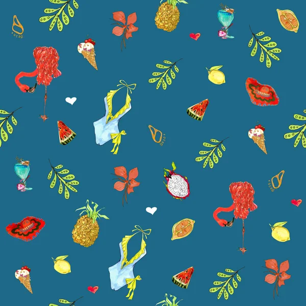 Seamless summer pattern of flamingos, swimsuit, hats, flowers, abstract flowers and fruits against a colored background. Seamless summer pattern for printing on objects, clothes, packaging, bed, drinks.