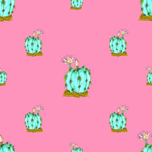 Illustrazione Senza Soluzione Continuità Cactus Fiore Uno Sfondo Verde Chiaro — Foto Stock