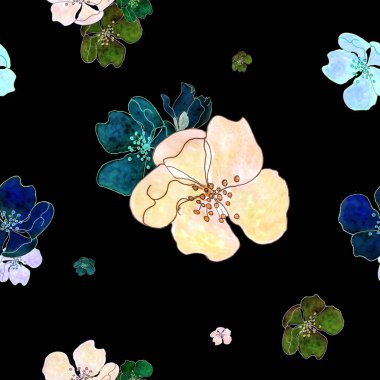 Siyah arka planda çiçek açan dalların kusursuz çizimi. Baskı için şeftali deseni, kartlar. Kartlar, tasarımcılara. giysi, mobilya, iç mekan, çocuk, soyutlama,