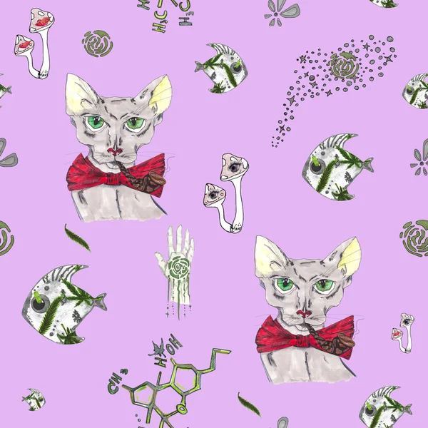 Seamless pattern. Cat with a pipe, canabis fish, formulas, fly agaric, hands with a comet. Pattern with smoking elements for printing on packaging, paper, clothes, designers