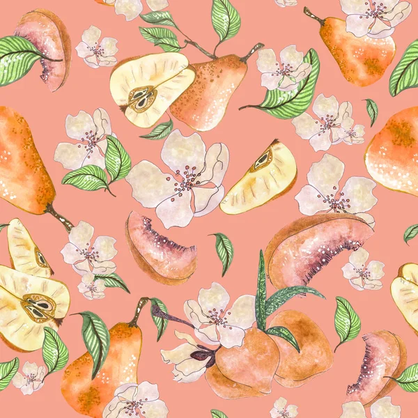 Seamless pattern pear, part peach, blooming peaches. Pattern with fruits and flowers on a beige background for printing on packaging, paper, clothes, designers, menus, postcards