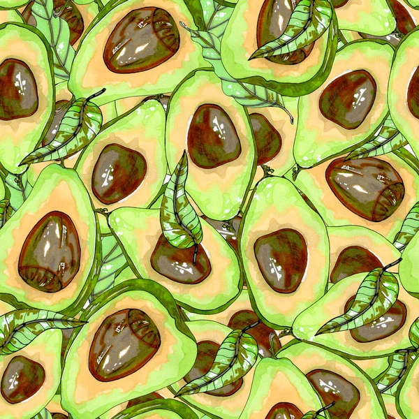 Seamless avocado illustration. Freehand drawn avocado pattern whole, slice of avocado. For printing on postcards, elements for designers, packaging, menus, diet.