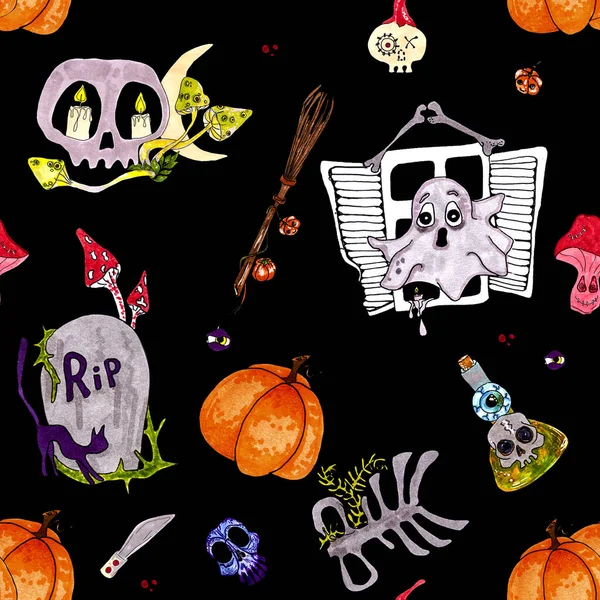 Бесшовная Иллюстрация Хэллоуину Вечеринка Ведьм Тыквенный Узор Могила Скелеты Призраки — стоковое фото