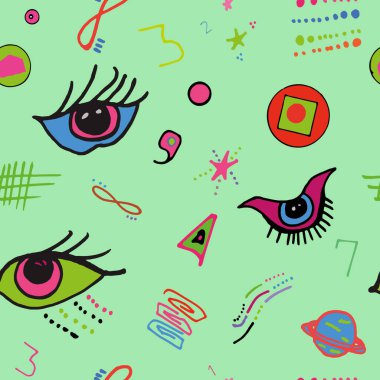 Beyaz bir arkaplanda, uzay elementleri, gözler ve sonsuzluktan oluşan bir çizim. Gezegen, yıldız, sonsuzluk, gözler, kağıda basmak için soyutlama, kartpostallar, bebek kıyafetleri, yatak, menü