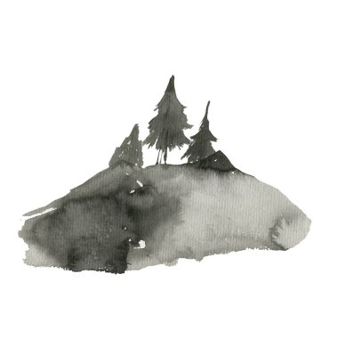 Suluboya çizimi. Dağlarla, ağaçlarla, bulutlarla dolu manzara