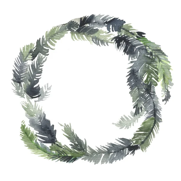Grüner Weihnachtskranz mit Dekorationen isoliert auf weißem Hintergrund. Aquarell — Stockfoto