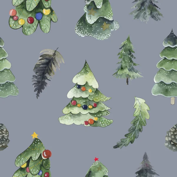 緑のクリスマスツリーの水彩シームレスパターン — ストック写真