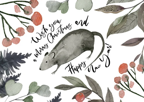 Konzeptbild des chinesischen Symbols frohes neues Jahr 2020. wilde Ratte. freihändig gezeichnete Silhouette kleine Maus. Mondhoroskopzeichen. — Stockfoto