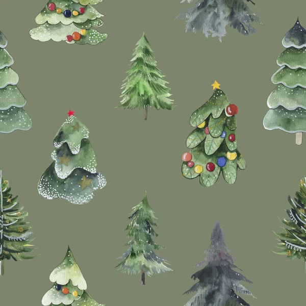 Aquarel naadloos patroon van groene kerstboom — Stockfoto