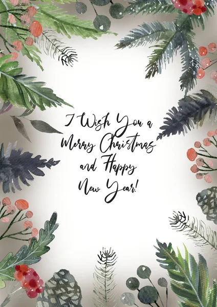 Buon Natale calligrafico testo lettering. Biglietto di auguri con piante floreali elementi di Natale. Cartolina moderna della stagione invernale, brochure, wall art design — Foto Stock