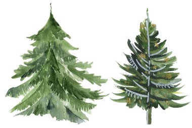 Noel ağacı suluboya ikonu. Yeni Yıl Noel ağacı koleksiyonu, haberciler, çizgili noel çamı. 2020 kış tatili partisi yeşil köknar.