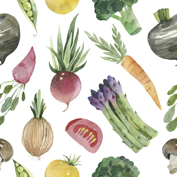 Acquerello modello vegetale senza cuciture su sfondo bianco. Barbabietola, carota, cetriolo, pomodoro, cipolla, aglio, patata, peperoni. illustrazione . — Foto Stock