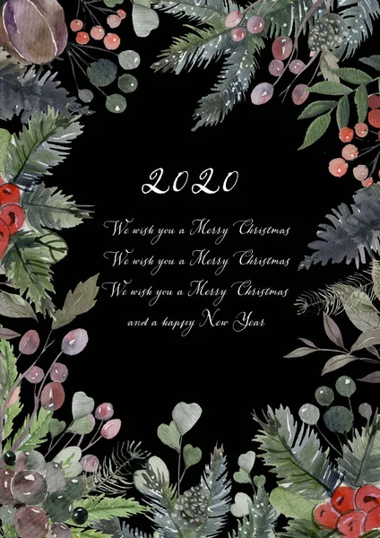 Handgezeichnete Weihnachtskarte auf Kreide, handgezeichneter Kranz mit roten Beeren und Tannenzweigen. runder Rahmen für Weihnachtskarten und Winterdesign. — Stockfoto