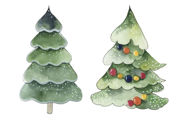 Conjunto de árbol de Navidad acuarela icono. Colección de árboles de Navidad de Año Nuevo con heraldos, pino de Navidad rayado . —  Fotos de Stock