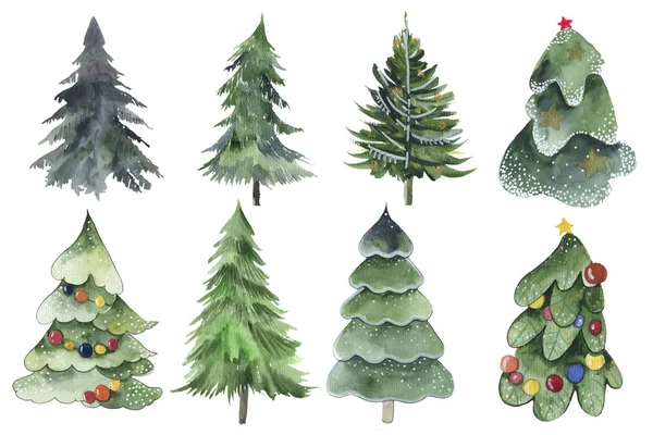 Noel ağacı suluboya ikonu. Yeni Yıl Noel ağacı koleksiyonu, haberciler, çizgili noel çamı. 2020 kış tatili partisi yeşil köknar. — Stok fotoğraf