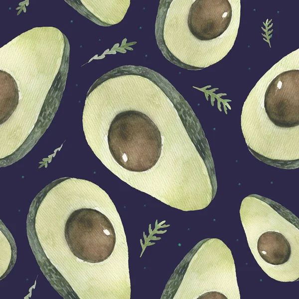 Avokado sömlöst mönster. Hela avokado, skivade bitar, halva, blad och fröskiss. Tropisk sommar frukt graverad stil bakgrund. Detaljerad livsmedelsritning. — Stockfoto