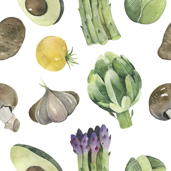Aquarel groente naadloos patroon op witte achtergrond. Biet, wortel, komkommer, tomaat, ui, knoflook, aardappel, paprika 's. illustratie. — Stockfoto
