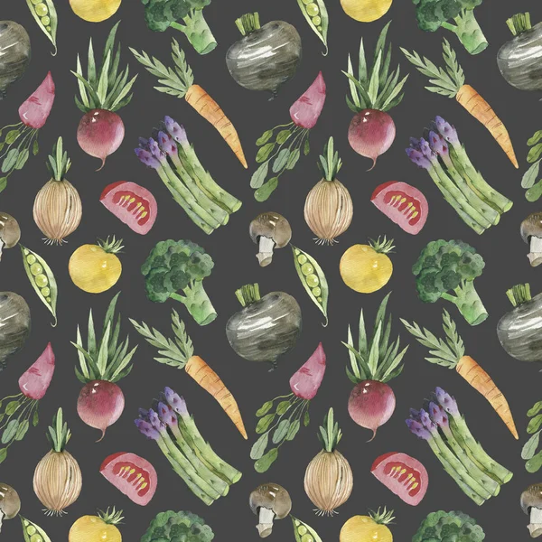 Watercolor vegetable seamless pattern on white background. Beetroot, carrot, cucumber, tomato, onion, garlic, potato, bell peppers. illustration.