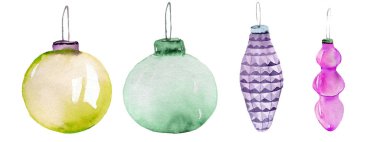 Beyaz beyaz, kış ve yılda izole edilmiş parlak renkli fotoğraf gerçekçi Noel baloları.