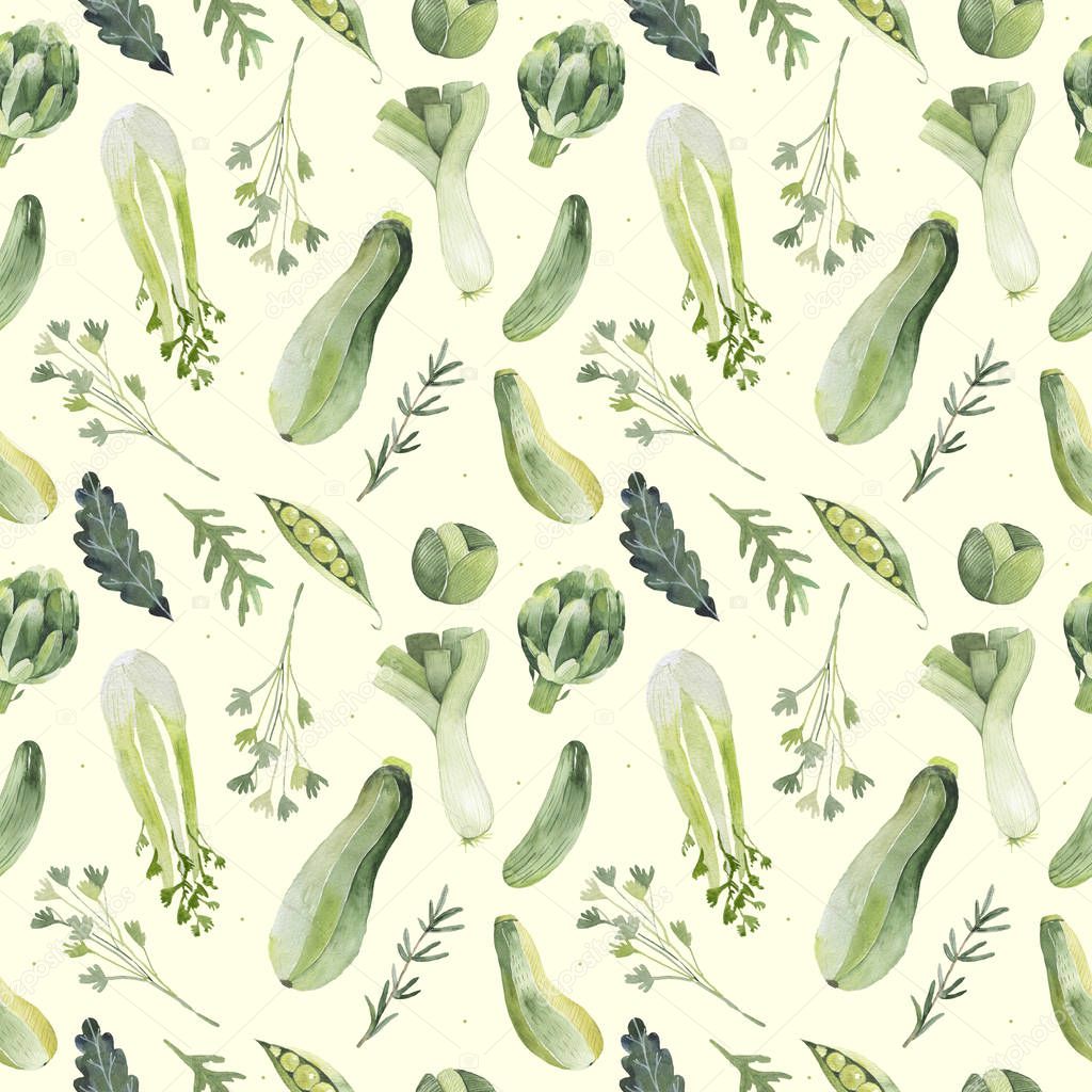 Green vegetable organic food seamless pattern with cabbage parsley peas watercolor illustration.