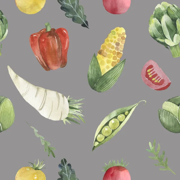 Naadloos patroon met groenten in een aquarelstijl. dorst, behang, decoratie, asperges, peper, ui, gezondheid, tuin — Stockfoto