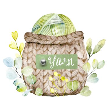 Hand drawn vintage illustration - Set of knitting. Yarn and needles in wooden basket