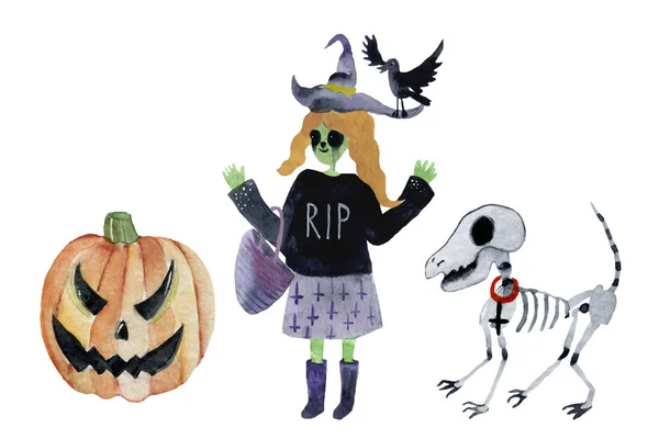 Set de Halloween, símbolos dibujados calabaza, escoba, murciélago, telas de araña, letras y dibujo estilizado en estilo vintage — Foto de Stock