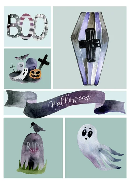 Aquarel ansichtkaart op Halloween creatieve, graf, begraafplaats — Stockfoto