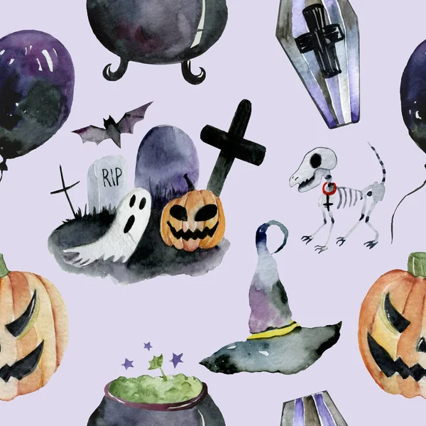 Halloween holiday seamless pattern with ghosts, pumpkins, house, witch hat and broom on white background with hand drawing watercolor elements. — 스톡 사진