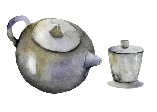 Tea drinking. Illustration of teapot with tea in asian style. Chinese hieroglyphs for tea drinking and aroma of tea — 스톡 사진