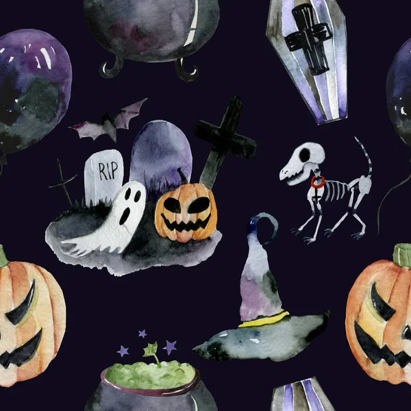 Glückliches, nahtloses Halloween-Muster. Leckerli, flach, Lutscher, — Stockfoto