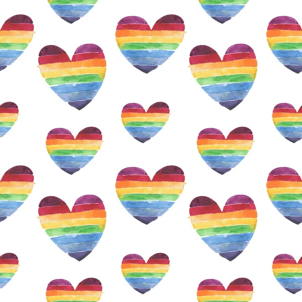 Patrón sin costuras con el signo del corazón coloreado en la bandera del arco iris LGBT sobre fondo gris oscuro. ilustración . —  Fotos de Stock