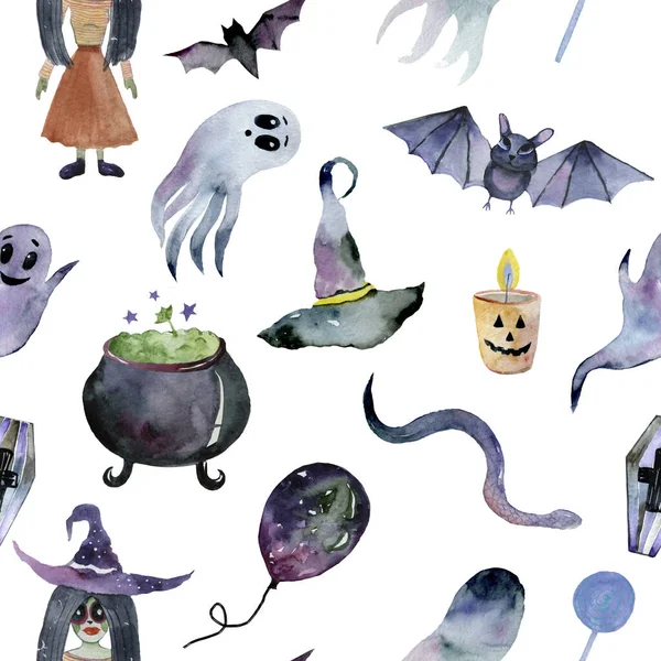 Gelukkig Halloween naadloos patroon. traktatie, plat, lolly, — Stockfoto