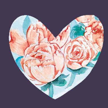 Çiçeklerden yapılmış parlak bir kalp. Romantik karikatür davetiyesi. Parlak renklerde tasarım ögesi