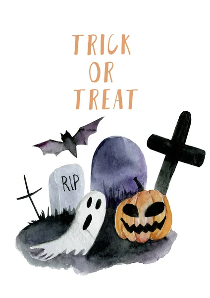 Aquarell-Postkarte auf Halloween-Grab, alt, tot kreativ, Friedhof, — Stockfoto