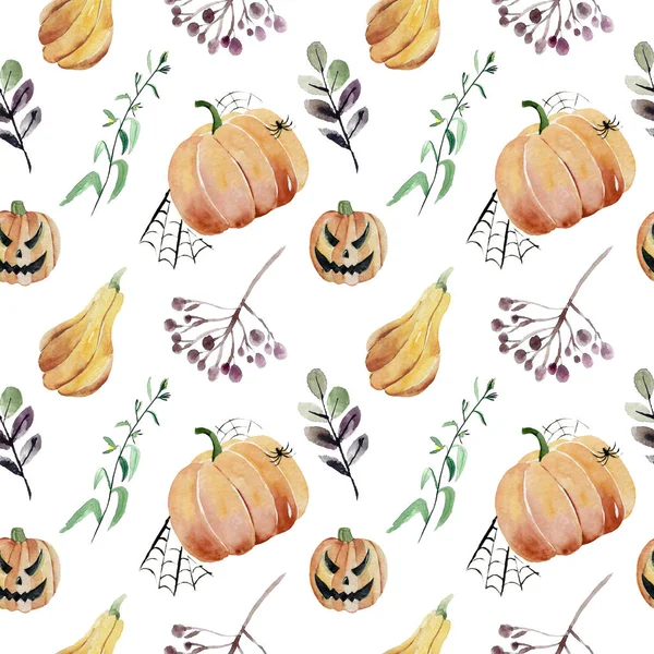 Dýně, duch, netopýr, cukroví, a další položky na téma Halloween. Světlý kreslený vzor pro Halloween — Stock fotografie