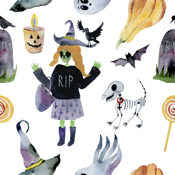 Calabaza, fantasma, murciélago, dulces y otros artículos sobre el tema de Halloween. Patrón de dibujos animados brillantes para Halloween — Foto de Stock