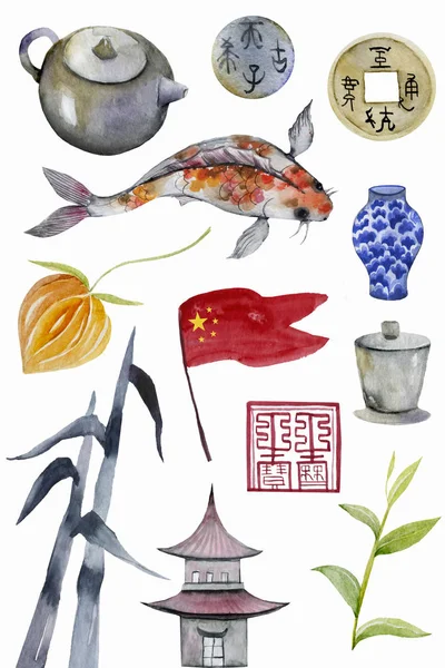 flag, vase, porcelain, bamboo, tea, teapot, coin, physalis, dragon, carp, Panda, fish, koi