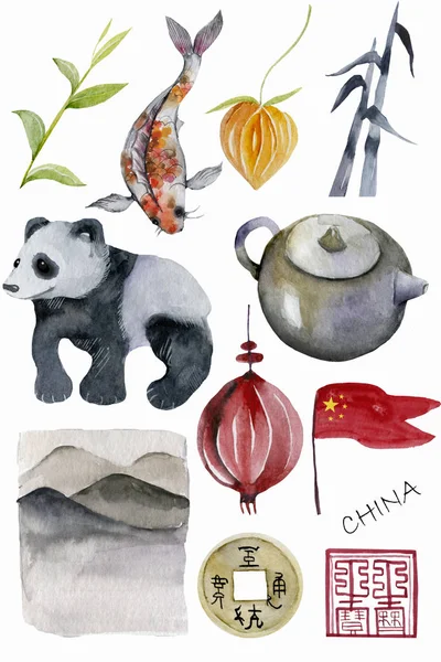 flag, vase, porcelain, bamboo, tea, teapot, coin, physalis, dragon, carp, Panda, fish, koi