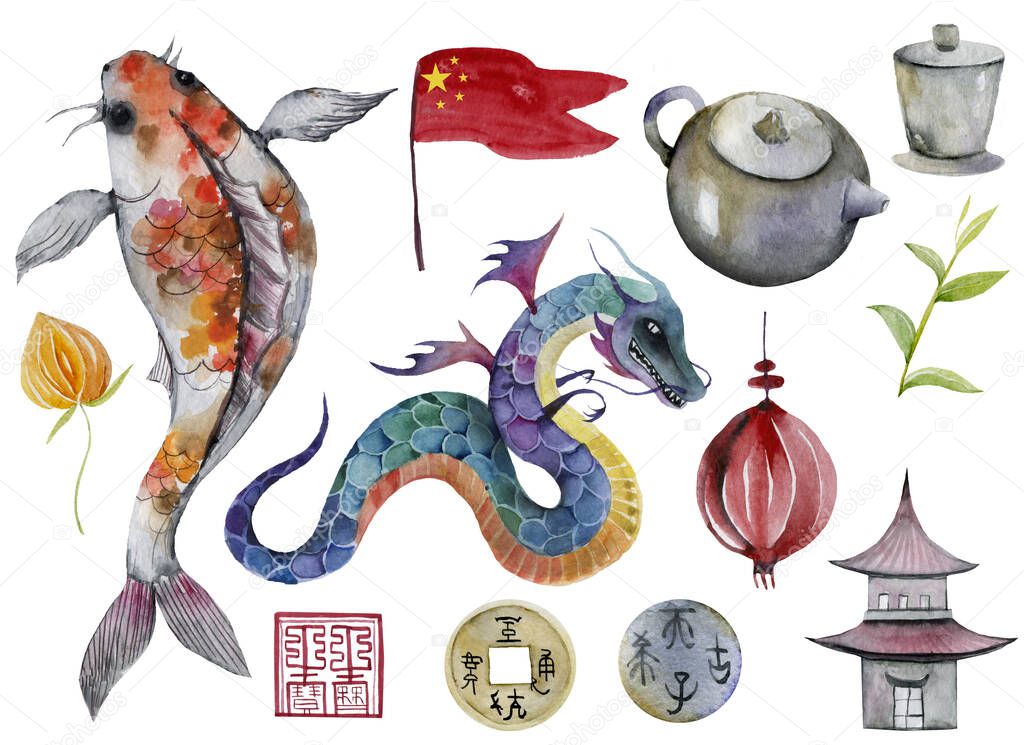 flag, vase, porcelain, bamboo, tea, teapot, coin, physalis, dragon, carp, Panda, fish, koi