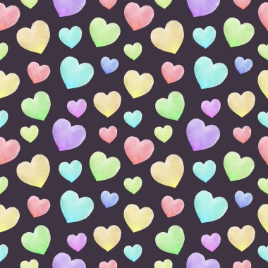 Renkli kalplerle suluboya kusursuz desen. Sevgililer Günü arkaplanı soyut illüstrasyon.