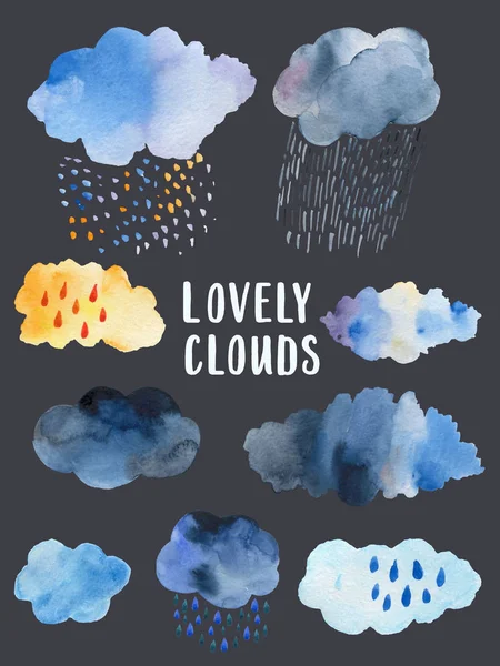 Senza soluzione di continuità nuvole retrò e pioggia nel cielo illustrazione blu stile scandinavo modello di sfondo in — Foto Stock