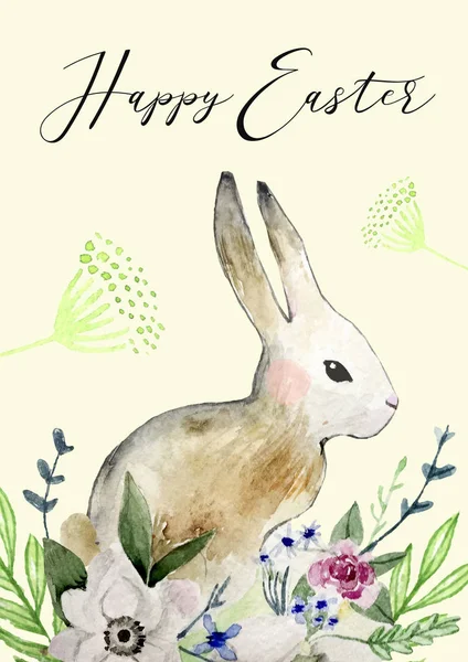 Coniglietto pasquale con fiori e foglie. Buona Pasqua card — Foto Stock