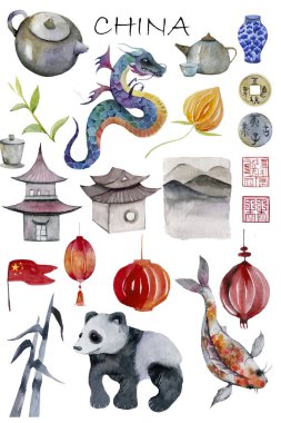 China, element, teapot, housing, flashlight, red, bamboo, carp, fish, gold, vase, coin, sign, flag