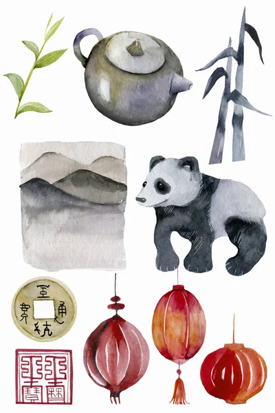 Watercolor Chinese elements on a white background.