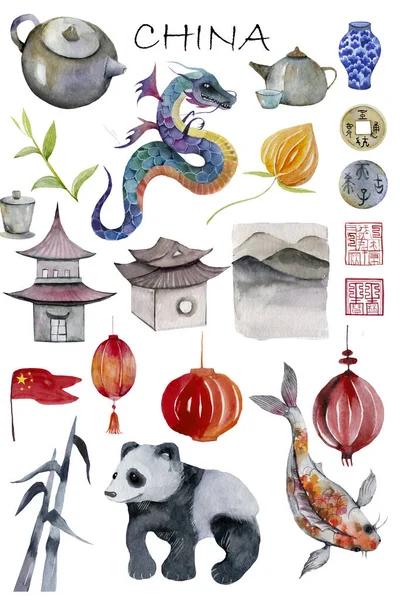 Chine, élément, théière, logement, lampe de poche, rouge, bambou, carpe, poisson, or, vase, pièce, signe, drapeau — Photo