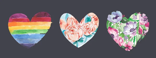 Set de Lindos Corazones de Acuarela Clip Art con Varios Patrones Pintados. Perfecto para —  Fotos de Stock