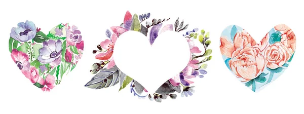 San Valentino Cuore Clipart. Acquerello set floreale. Romantico — Foto Stock
