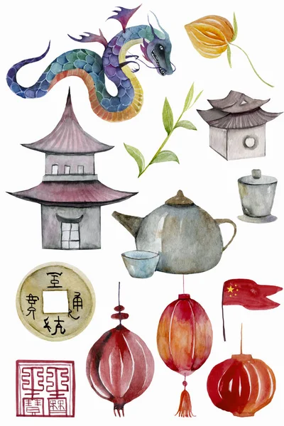 Watercolor Chinese elements on a white background.