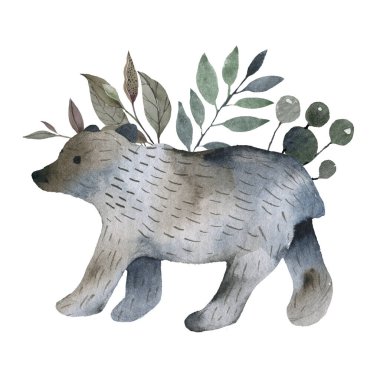 Odunsu manzaralı şirin ormanlık suluboya semboller. İskandinav dekoratif çizimi.